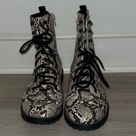 Express snakeskin combat booties. Rhinestone embellishing around sole. - Picture 4 of 10